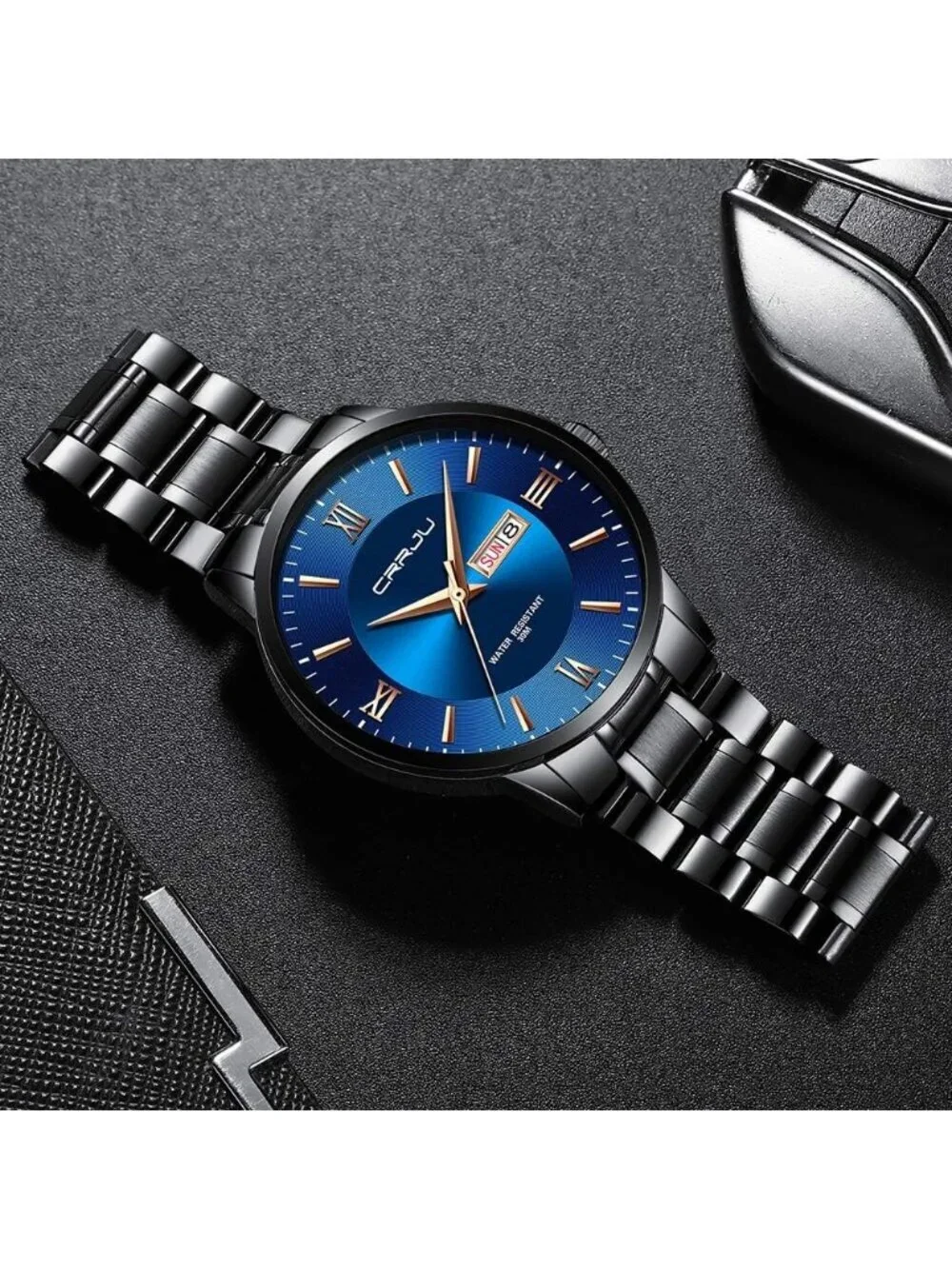 Men's Black Blue Luxury Stainless Steel Chronograph Analog Quartz Round Watch